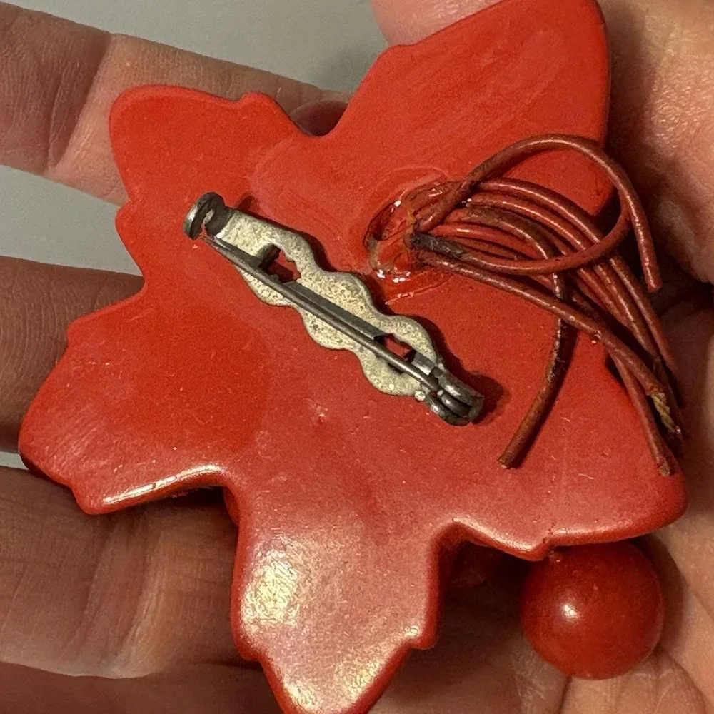 1930s - 40s Cherry Red Bakelite Brooch Carved Leaf Dangling Cherries Huge!